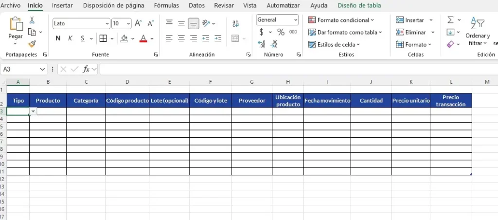 Inventario en Excel, paso 1