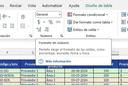 Inventario en Excel, paso 3. Formato de datos.