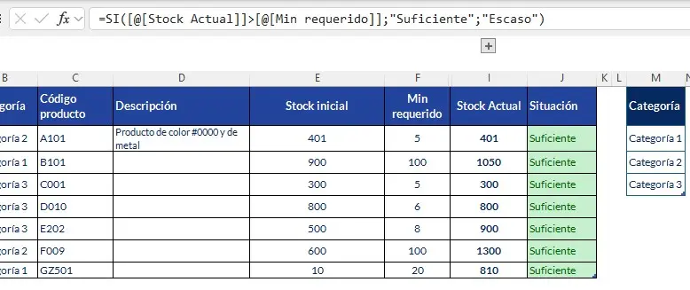 Inventario en Excel, paso 4. Ejemplo de Control de stock