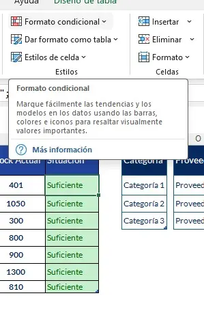 Inventario en Excel, paso 5. Uso de formato condicional