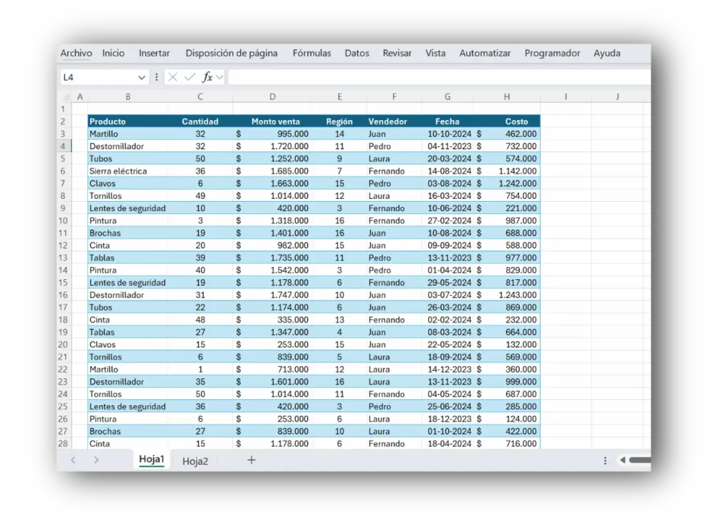 Base de datos en tabla dinámica