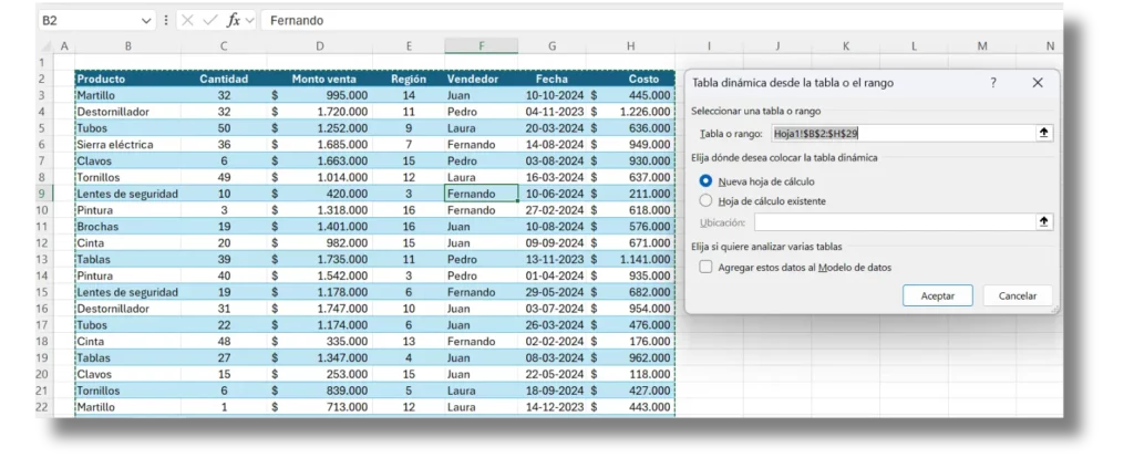 Selección datos para crear tabla dinámica